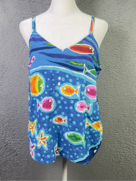 Jams World Tops - Jams World Tank Top Womens Medium Blue Island Fish AOP Tropical Straps Rayon